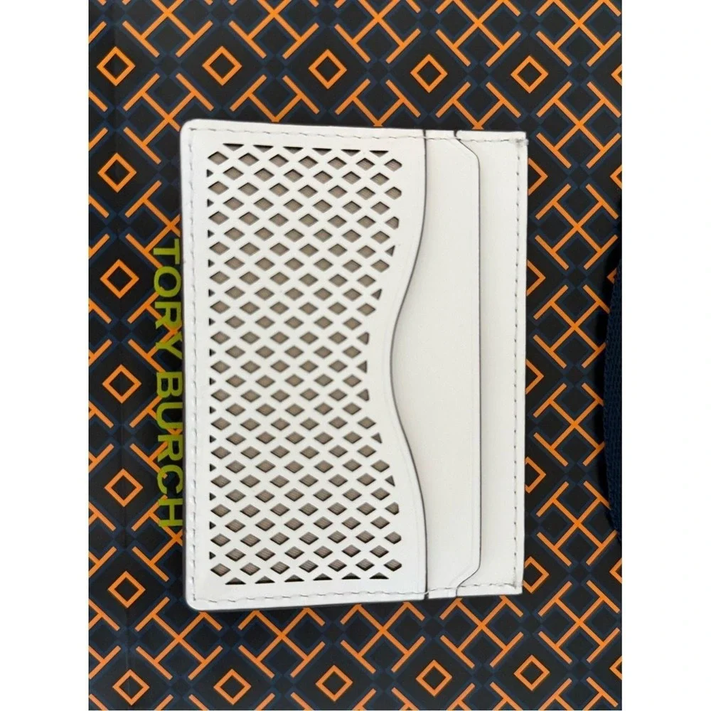 Tory Burch Emerson Perforated Color Block Slim Card Case Wallet 175870 White GLD